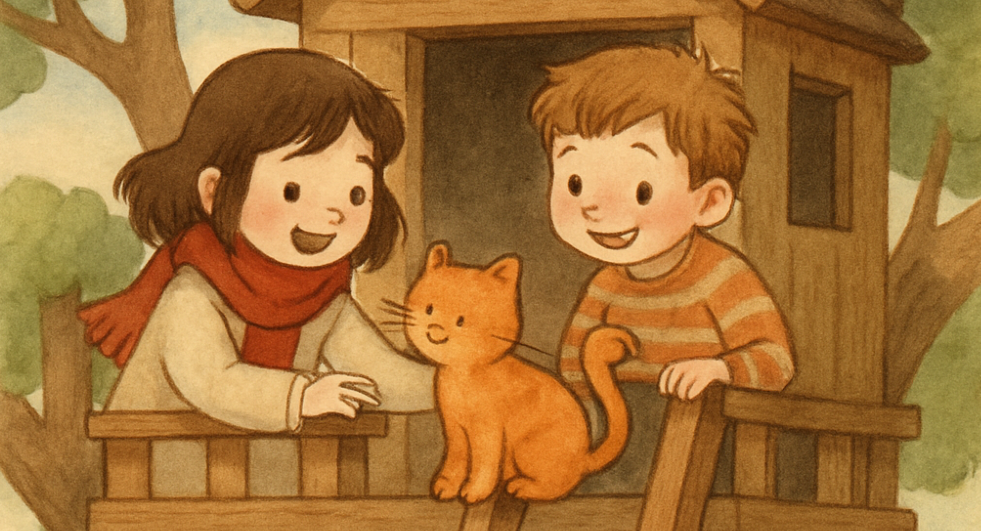 Illustration of 2 friends on a tree house