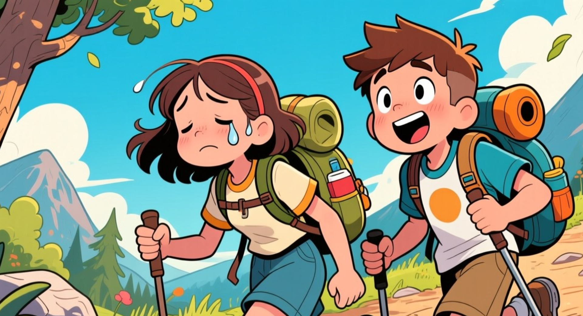 Illustration of a boy and girl hiking